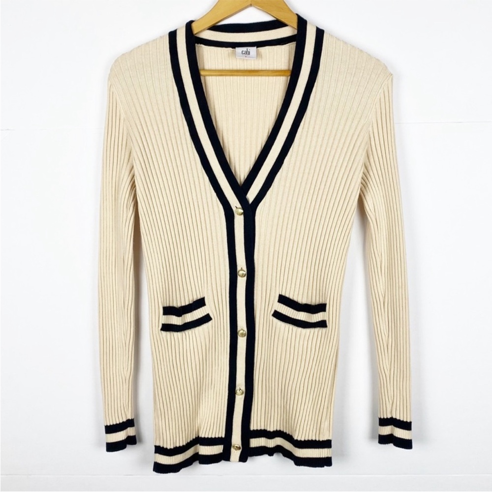 Cabi Radcliffe Cream Ribbed Cardigan with Navy Trim and Gold Buttons Size Small